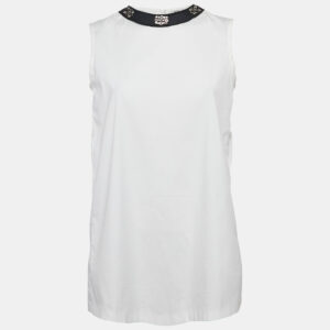 S'Max Mara White Cotton Embellished Neck Sleeveless Top S