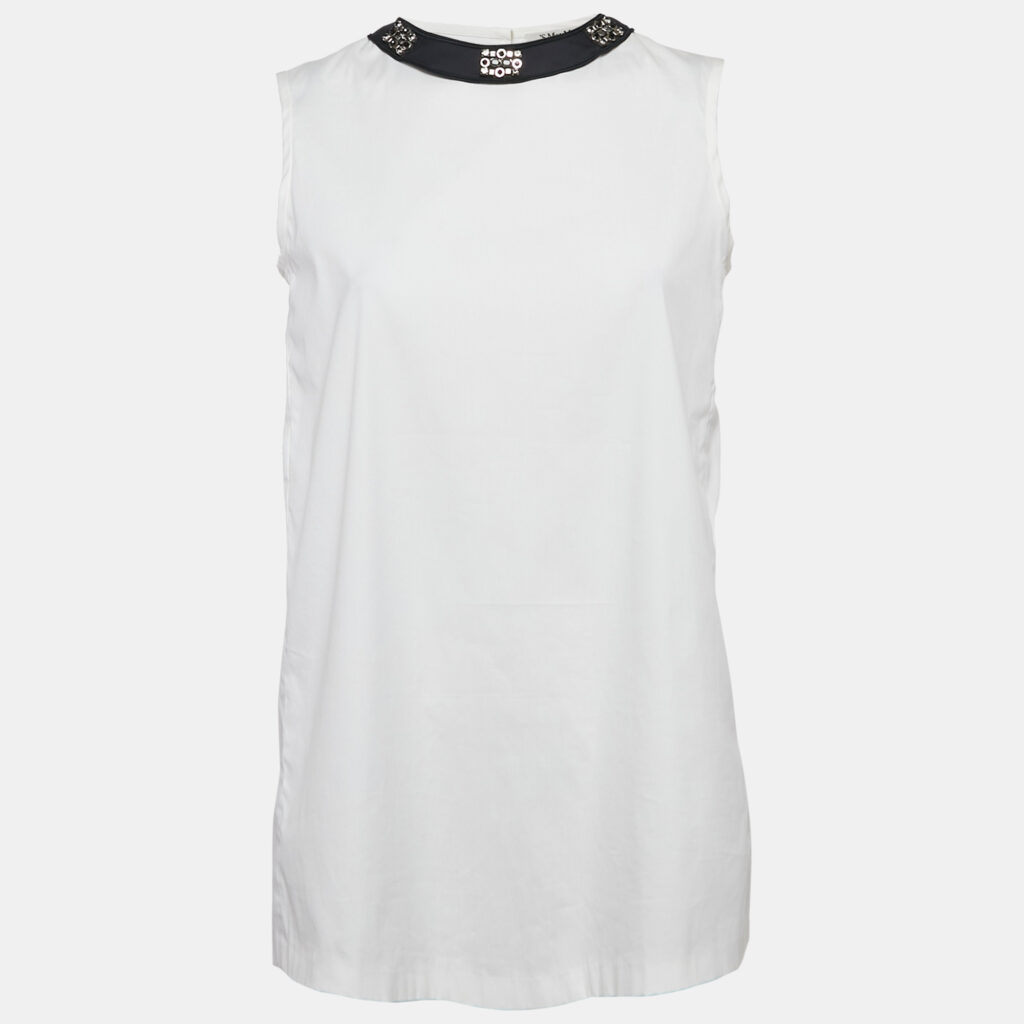 luxury-women-smax-mara-used-clothes-p1147185-005 S'Max Mara White Cotton Embellished Neck Sleeveless Top S
