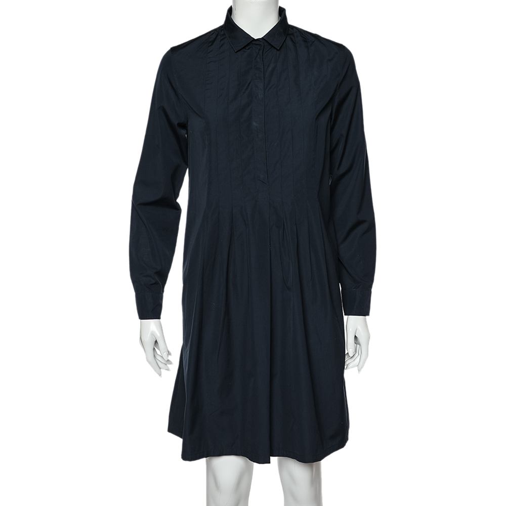 S'Max Mara Navy Blue Cotton Pleated Shirt Dress M
