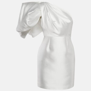 Solace London White Crepe One-Shoulder Puff Sleeve Hayes Mini Dress S