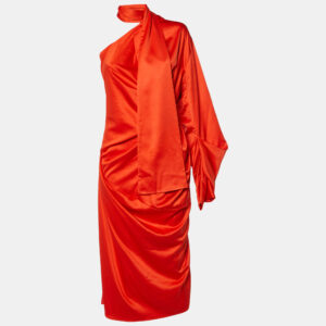 Solace London Orange Satin Sorina Draped Asymmetric Dress M