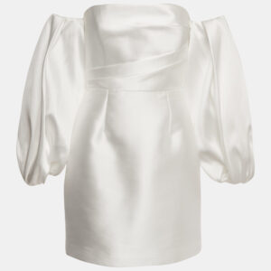 Solace London White Satin Off-Shoulder Puff Sleeve Bella Mini Dress M