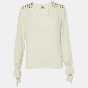 Sonia by Sonia Rykiel Cream Crepe Embellished V-Neck Top M