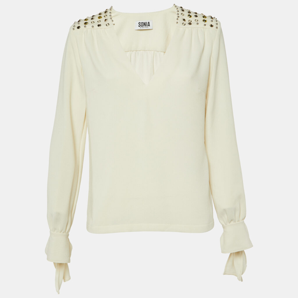 luxury-women-sonia-rykiel-used-clothes-p1092362-002 Sonia by Sonia Rykiel Cream Crepe Embellished V-Neck Top M