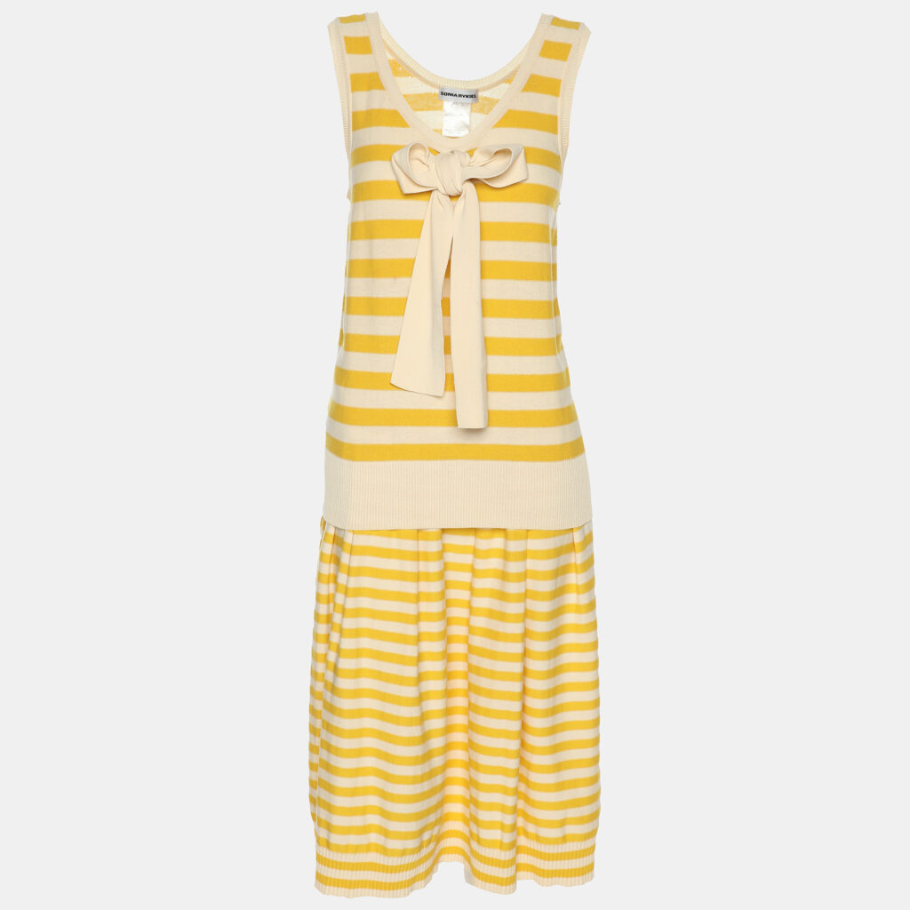 luxury-women-sonia-rykiel-used-clothes-p1152991-003 Sonia Rykiel Yellow/Beige Stripped Knit Top and Skirt Set M