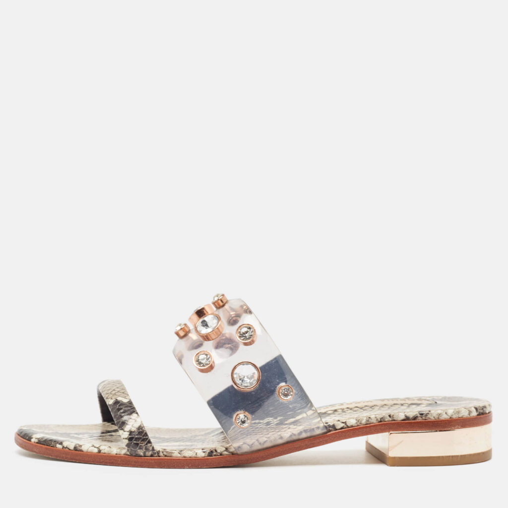 luxury-women-sophia-webster-used-shoes-p1024064-010 Sophia Webster Beige Snakeskin Embossed And PVC Dina Slide Sandals Size 39