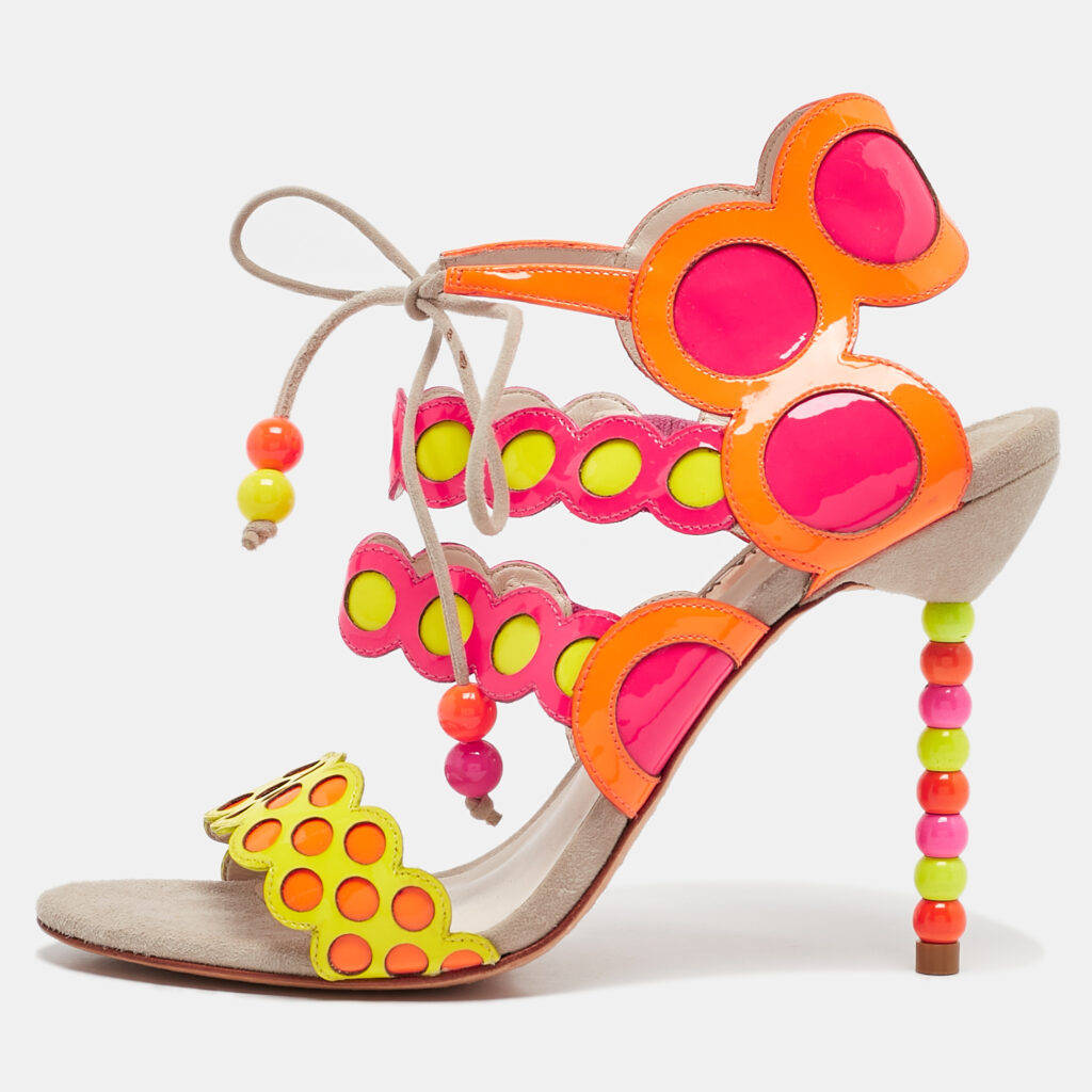 luxury-women-sophia-webster-used-shoes-p1097878-001 Sophia Webster Multicolor Round Cut Out Patent Leather Beaded Heel Sandals Size 37.5