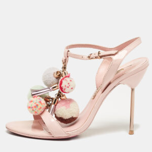 Sophia Webster Pink Patent Leather Layla Pom Pom Embellished T Strap Sandals Size 38