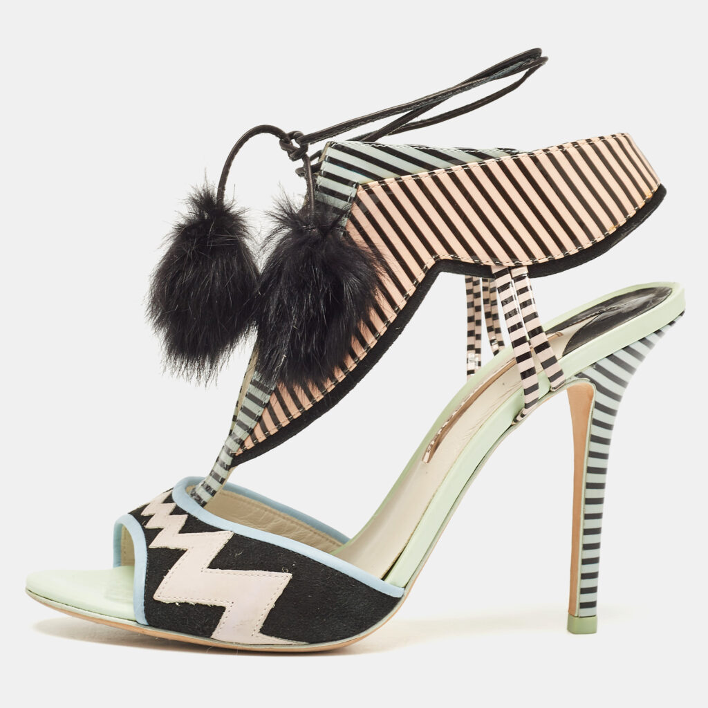 luxury-women-sophia-webster-used-shoes-p1105018-001 Sophia Webster Multicolor Patent Leather Fur Pom Pom Ankle Tie Up Sandals Size 41