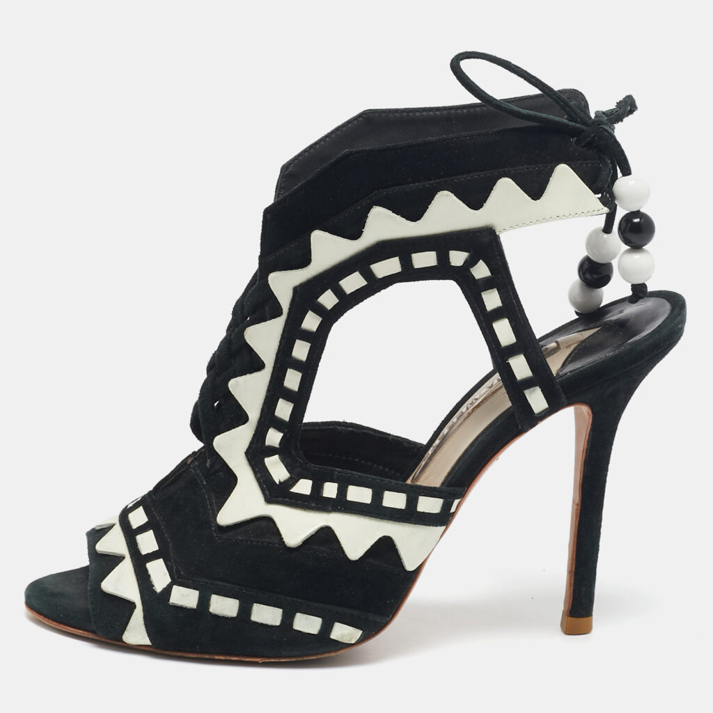 luxury-women-sophia-webster-used-shoes-p1112951-001 Sophia Webster Black/White Suede and Leather Riko Cut Out Ankle Sandals Size 38.5