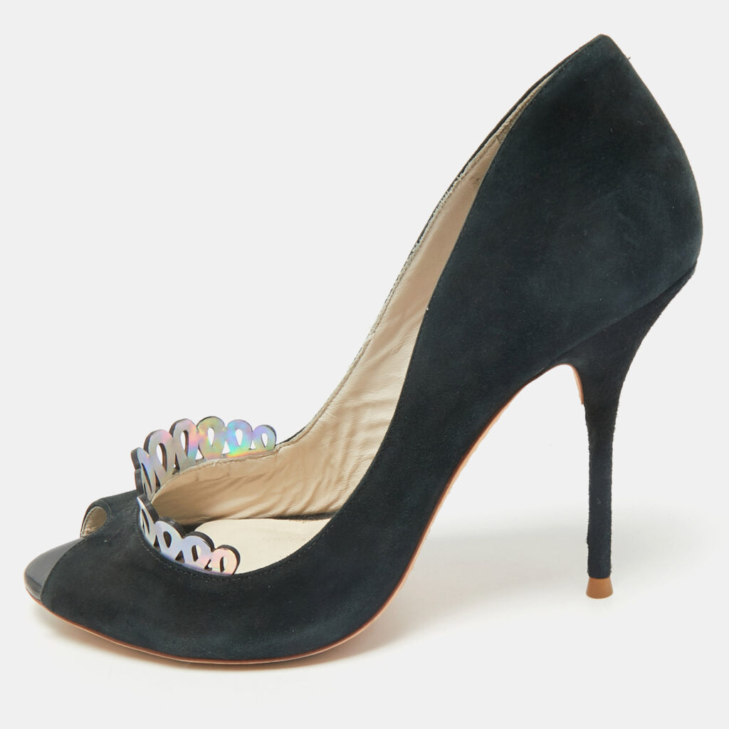 luxury-women-sophia-webster-used-shoes-p1167398-002 Sophia Webster Black Suede Scalloped Peep Toe Pumps Size 38