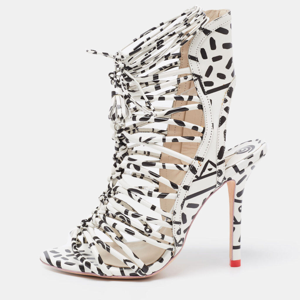 luxury-women-sophia-webster-used-shoes-p659743-011-1 Sophia Webster Black/White Leopard Print Leather Lacey Tie Up Sandals Size 37