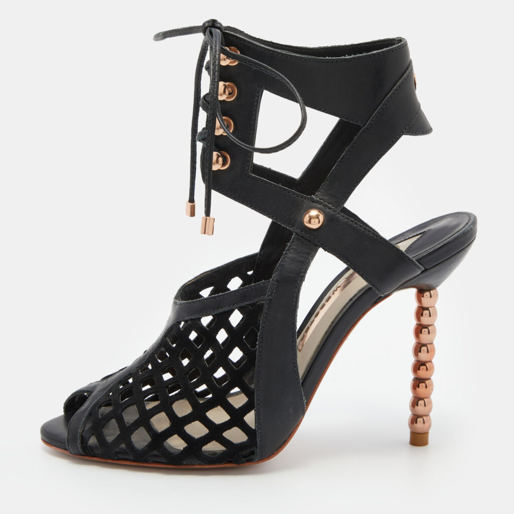 Sophia Webster Black Suede and Leather Jetta Ankle Tie Up Peep Toe Sandals Size 36.5