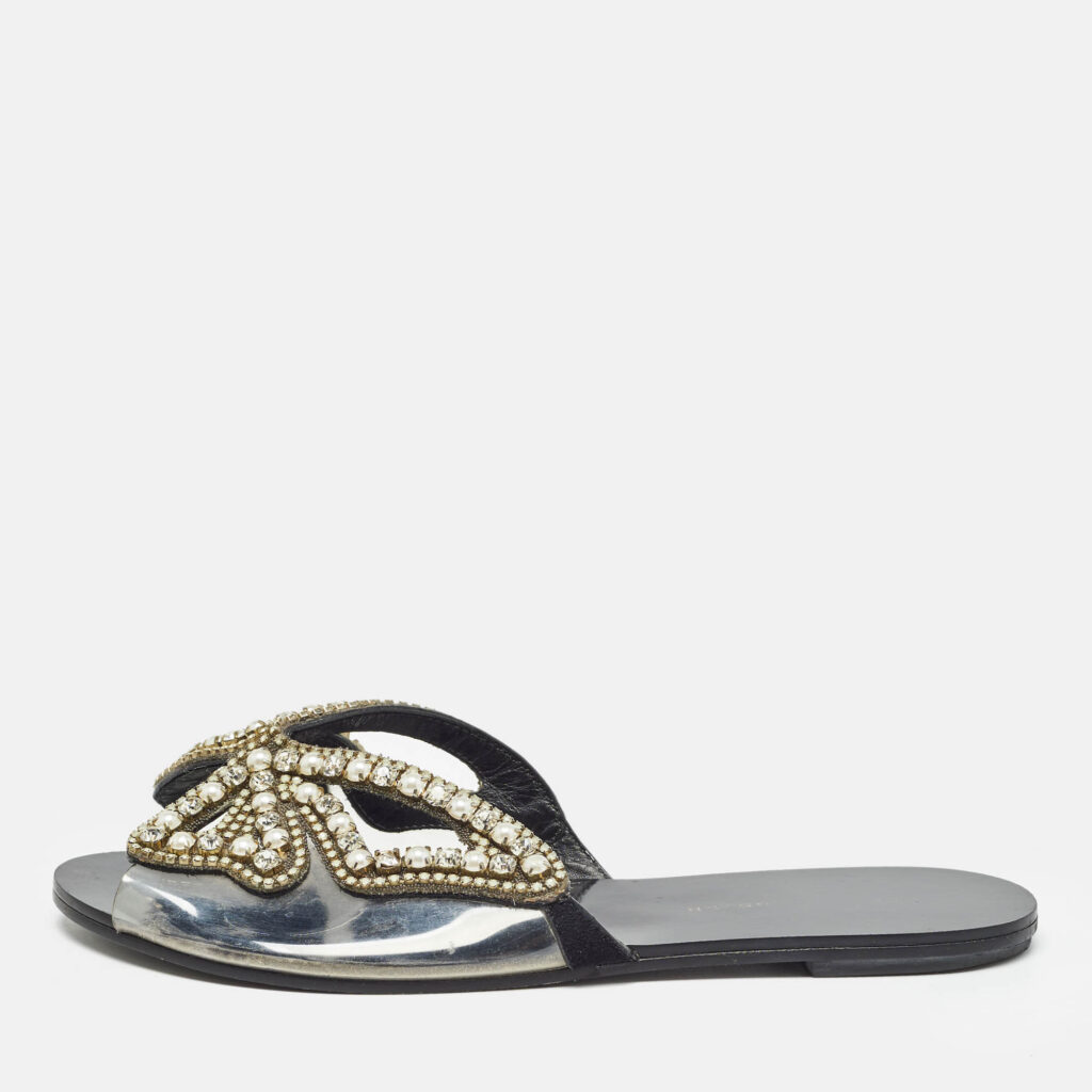 Sophia Webster Black Leather and PVC Madame Butterfly Slide Flats Size 38.5