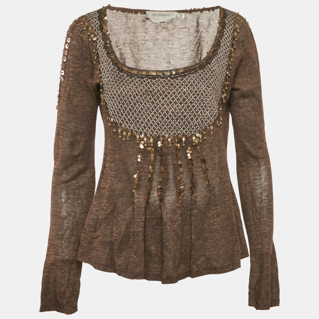 luxury-women-sportmax-used-clothes-p1167764-001 Sportmax Brown Embellished Lurex Knit Long Sleeve Top L