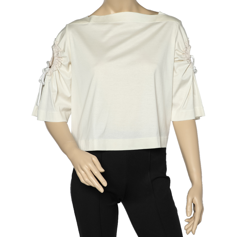 luxury-women-sportmax-used-clothes-p586882-006-2 Sportmax Off White Cotton Knit Sleeve Tie Detail Crop Top S