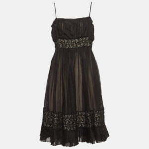 Sportmax Black Lace Trim Silk Pleated Midi Empire Dress L