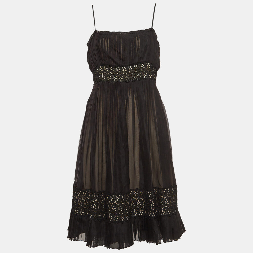 luxury-women-sportmax-used-clothes-p939679-002 Sportmax Black Lace Trim Silk Pleated Midi Empire Dress L
