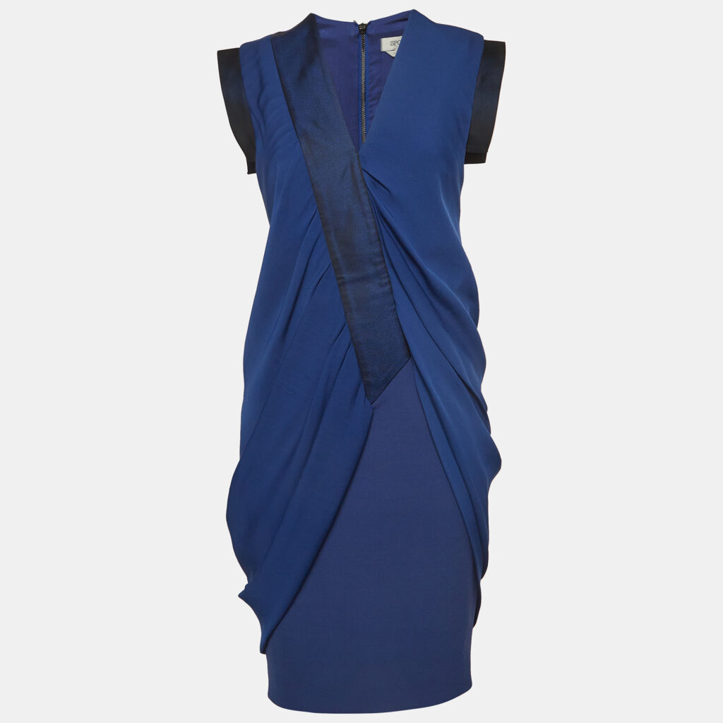 luxury-women-sportmax-used-clothes-p974324-003 Sportmax Blue Gabardine and Satin Draped Style Sheath Dress S