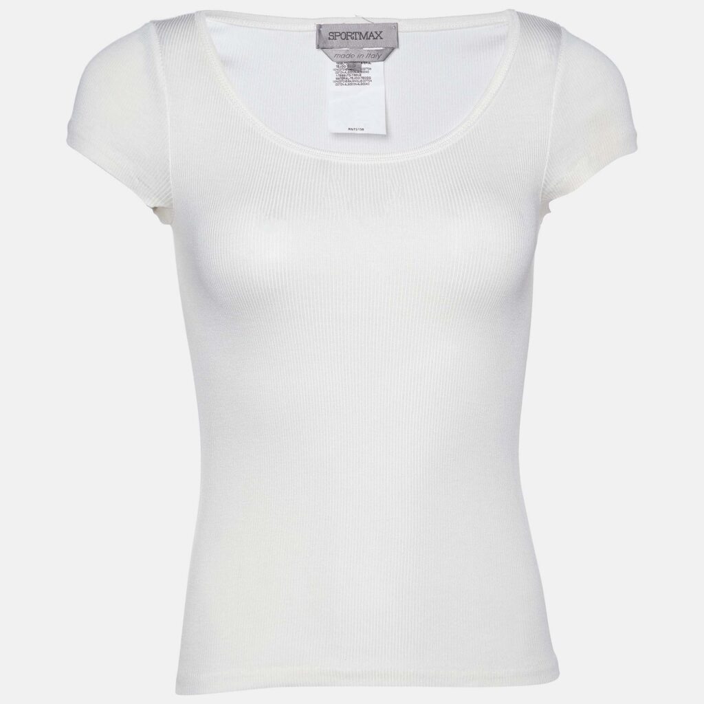 luxury-women-sportmax-used-clothes-p981538-002 Sportmax Off White Cotton Knit Short Sleeve T-Shirt S