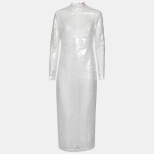 Staud White Sequin Embellished Long Sleeve Midi Dress M