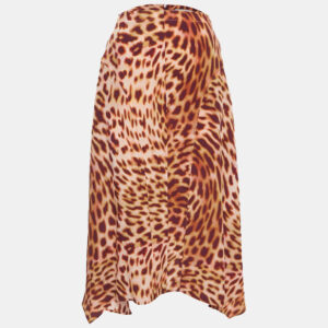 Stella McCartney Pink/Brown Leopard Print Silk Flared Midi Skirt XS