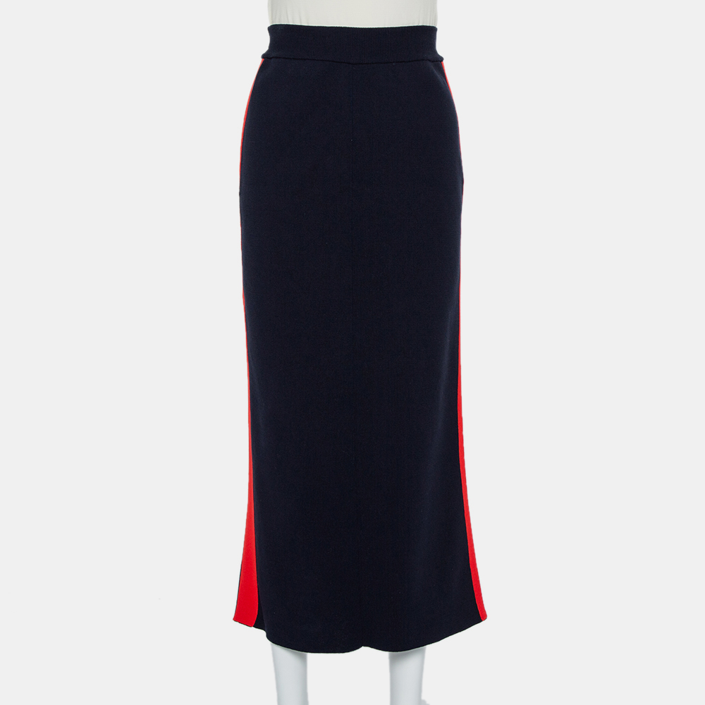 luxury-women-stella-mccartney-new-clothes-p437459-011 Stella McCartney Navy Blue Cotton Knit Contrast Stripe Panel Detail Midi Skirt M
