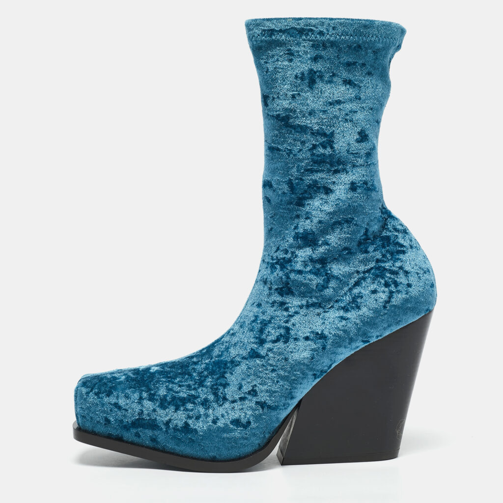 Stella McCartney Blue Velvet Cowboy Crushed Ankle Length Boots Size 38