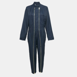 Stella McCartney Navy Blue Cotton Blend Zip Detailed Cargo Jumpsuit S