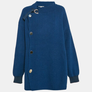 Stella McCartney Blue Rib Knit Asymmetrical Button Oversized Sweater M