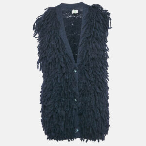 Stella McCartney Navy Blue Wool Fringed Sleeveless Cardigan S