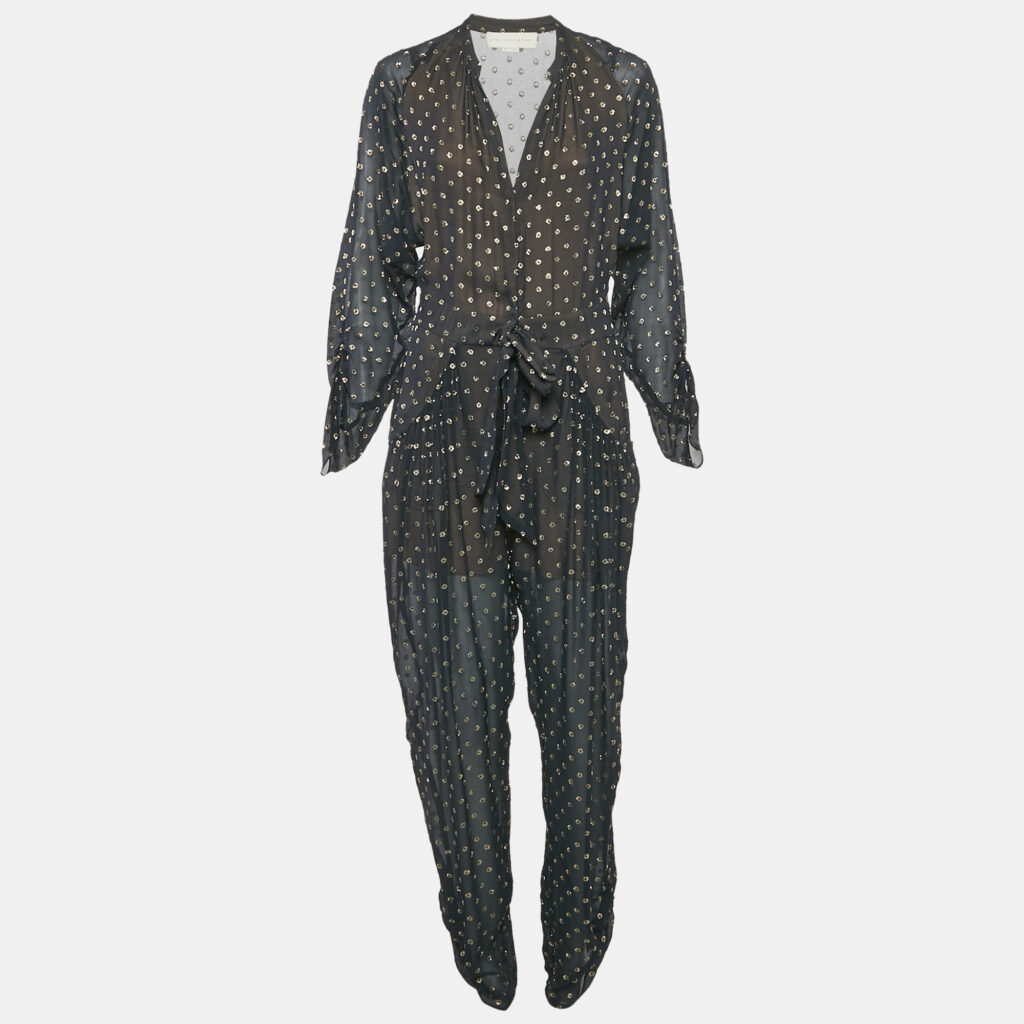 luxury-women-stella-mccartney-used-clothes-p1165646-001 Stella McCartney Navy Blue Silk Lurex Fil-coupe Tie-Up Detail Jumpsuit M
