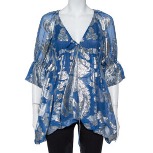 Stella McCartney Blue Floral Lam&eacute; Asymmetrical Hem Top M