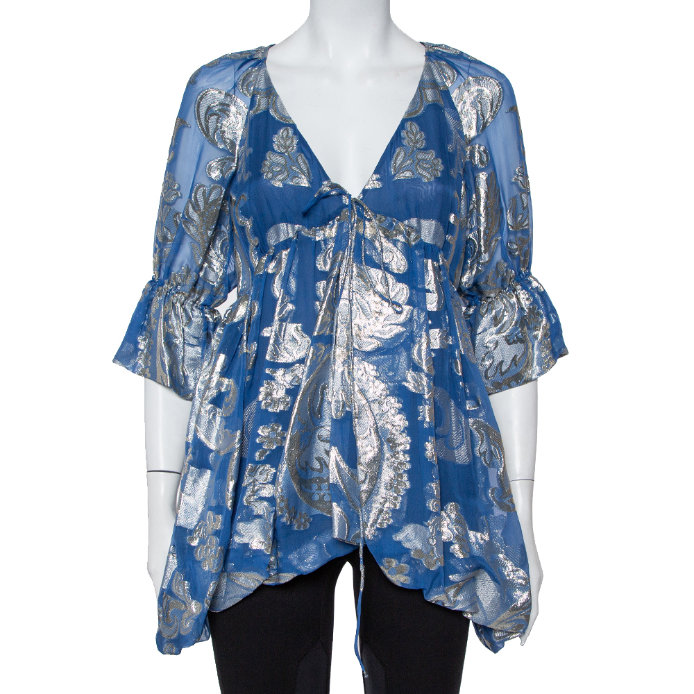 luxury-women-stella-mccartney-used-clothes-p436896-006 Stella McCartney Blue Floral Lamé Asymmetrical Hem Top M