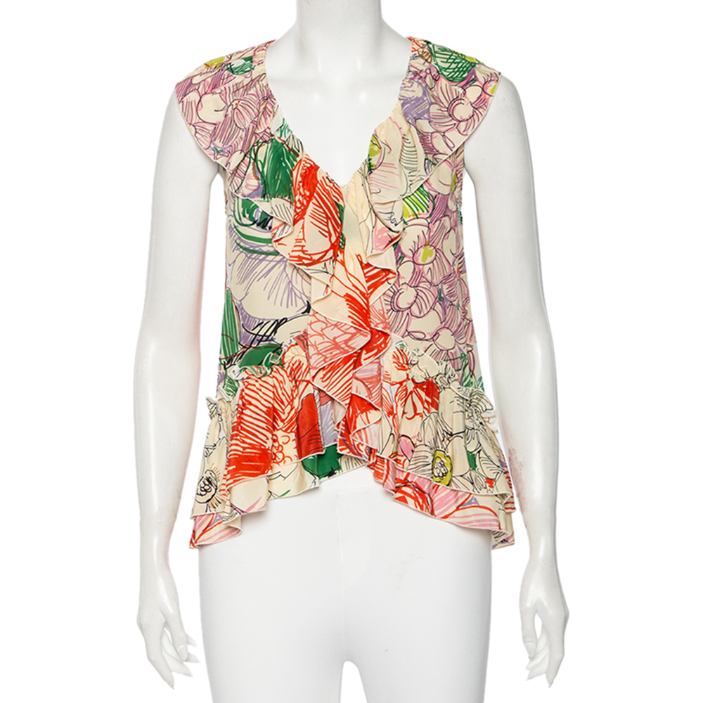 luxury-women-stella-mccartney-used-clothes-p525226-007-2 Stella McCartney Multicolored Floral Printed Silk Ruffled Sleeveless Top S