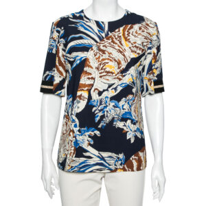 Stella McCartney Navy Blue Stretch Crepe Cat Print Blouse S