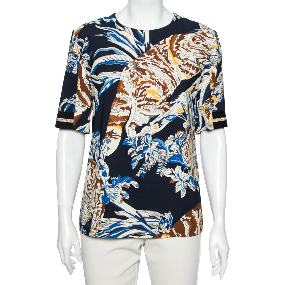luxury-women-stella-mccartney-used-clothes-p606178-001-2 Stella McCartney Navy Blue Stretch Crepe Cat Print Blouse S