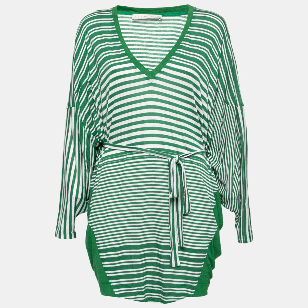 luxury-women-stella-mccartney-used-clothes-p720653-001 Stella McCartney Green Striped Linen Blend Knit Oversized Belted Mini Dress M