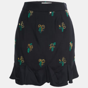 Stella McCartney Black Patterned Crepe Ruffle Trimmed Skirt S