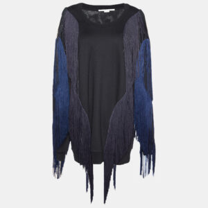 Stella McCartney Black Cotton Knit Fringed Sweater Mini Dress L