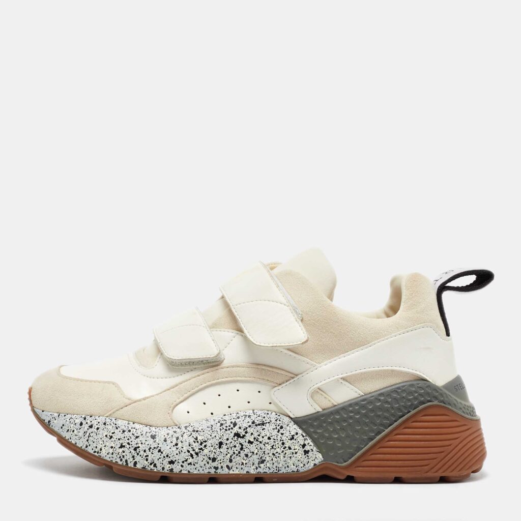 luxury-women-stella-mccartney-used-shoes-p1070881-003 Stella McCartney Cream/White Faux Suede And Faux Leather Eclypse Velcro Strap Sneakers Size 39