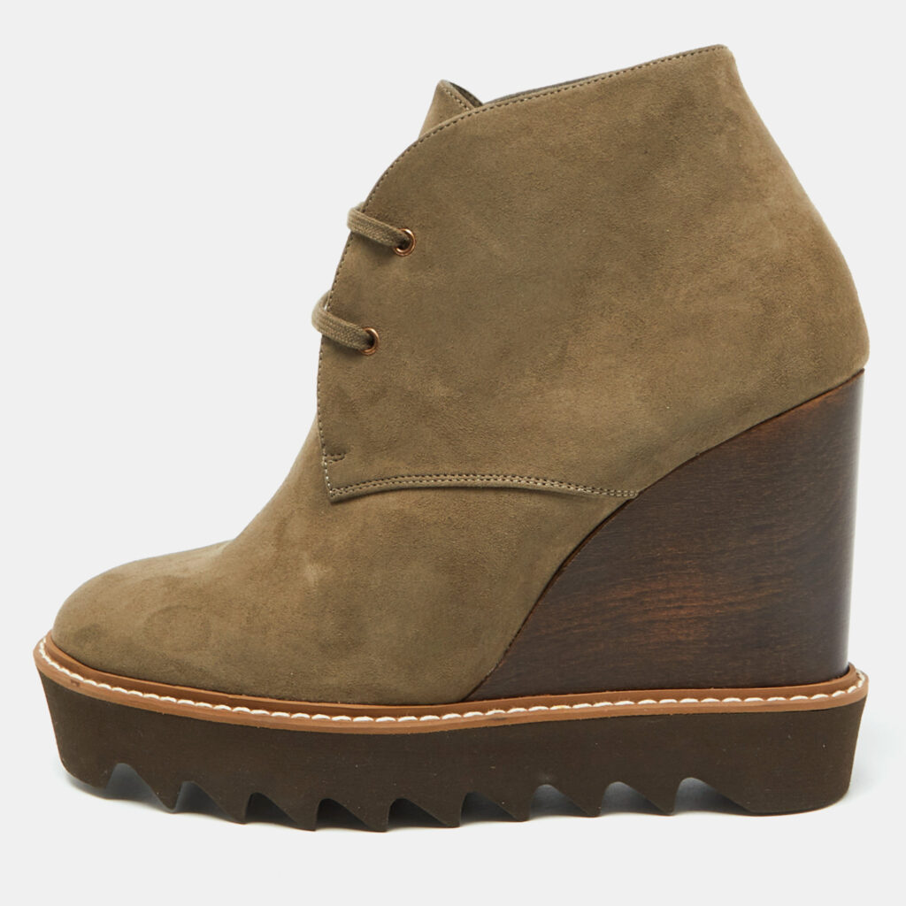 luxury-women-stella-mccartney-used-shoes-p1085348-010 Stella McCartney Olive Green Faux Leather Leana Wedge Boots Size 39