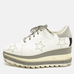 Stella McCartney White/Grey Faux Leather and Suede Elyse Star Studded Platform Sneakers Size 39