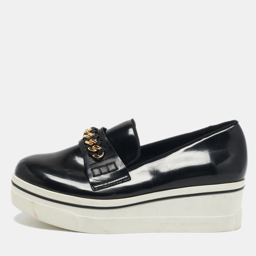 luxury-women-stella-mccartney-used-shoes-p1155922-001 Stella McCartney Black Faux Leather Chain-Link Platform Slip On Sneakers Size 36