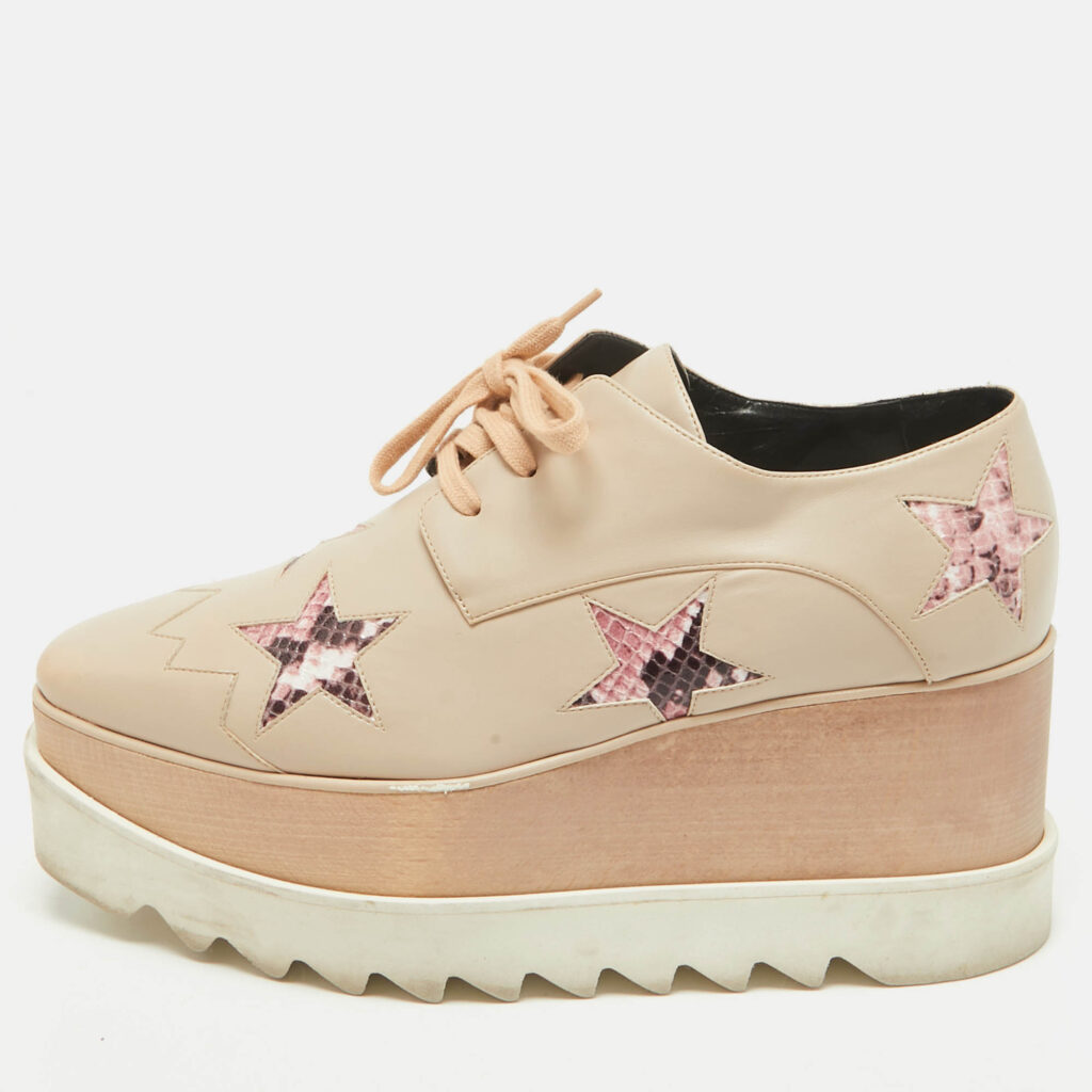 luxury-women-stella-mccartney-used-shoes-p1159762-010 Stella McCartney Beige Faux Leather and Faux Snakeskin Leather Elyse Sneakers Size 38