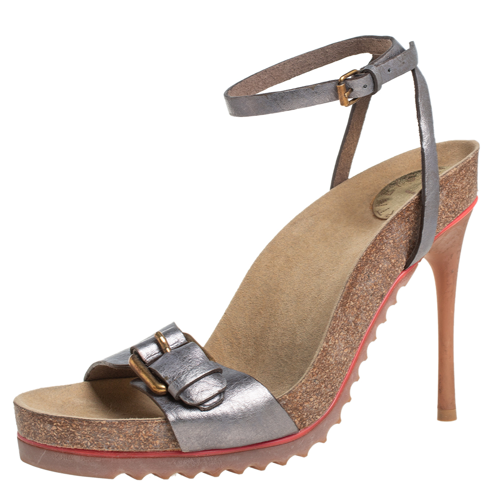 luxury-women-stella-mccartney-used-shoes-p405084-004 Stella McCartney Metallic Grey Faux Leather Ankle Strap Sandals Size 38