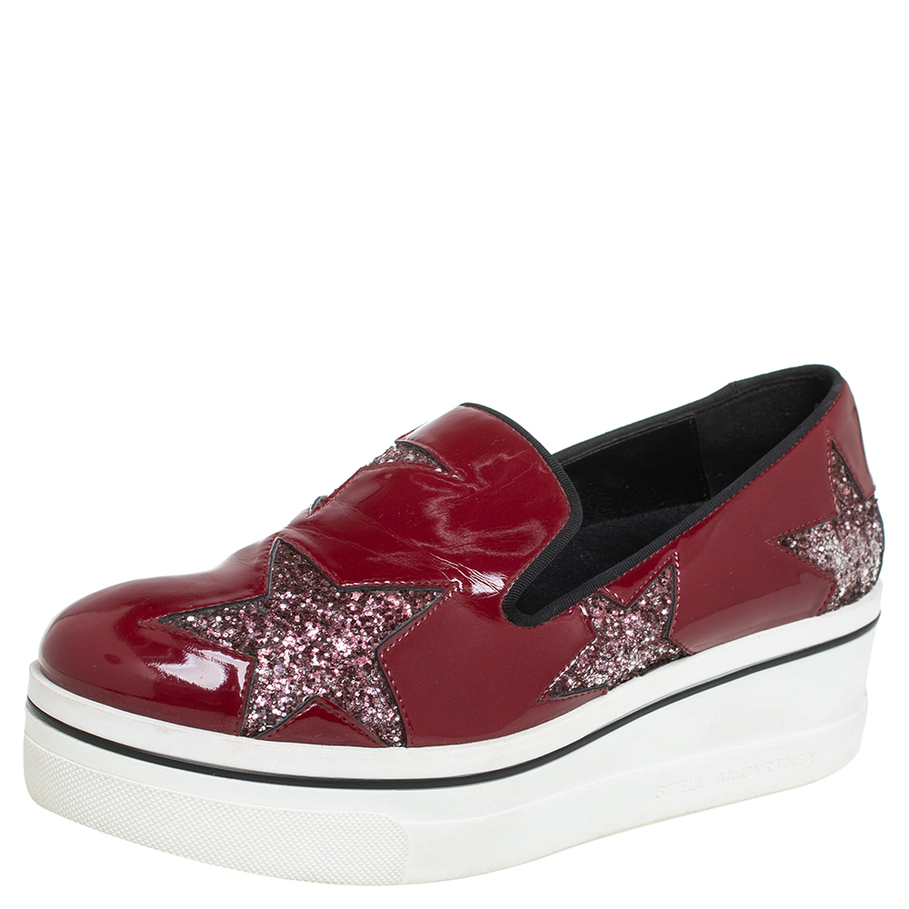 luxury-women-stella-mccartney-used-shoes-p433934-003 Stella McCartney Red Faux Patent Leather Slip On Platform Sneakers Size 38
