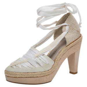 Stella McCartney White Fabric And Canvas Platform Ankle Wrap Pumps Size 37.5