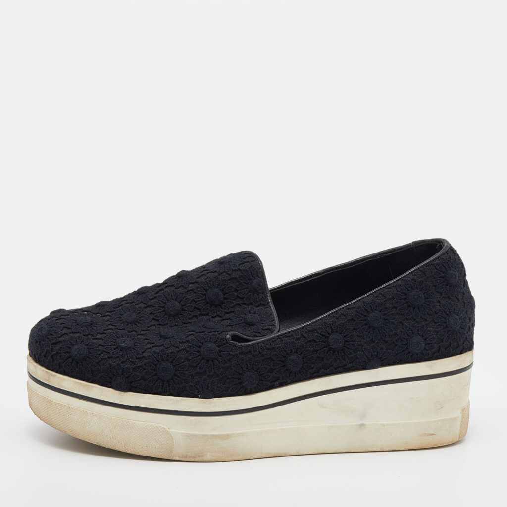 Stella McCartney Black Crochet And Canvas Platform Slip On Sneakers Size 38