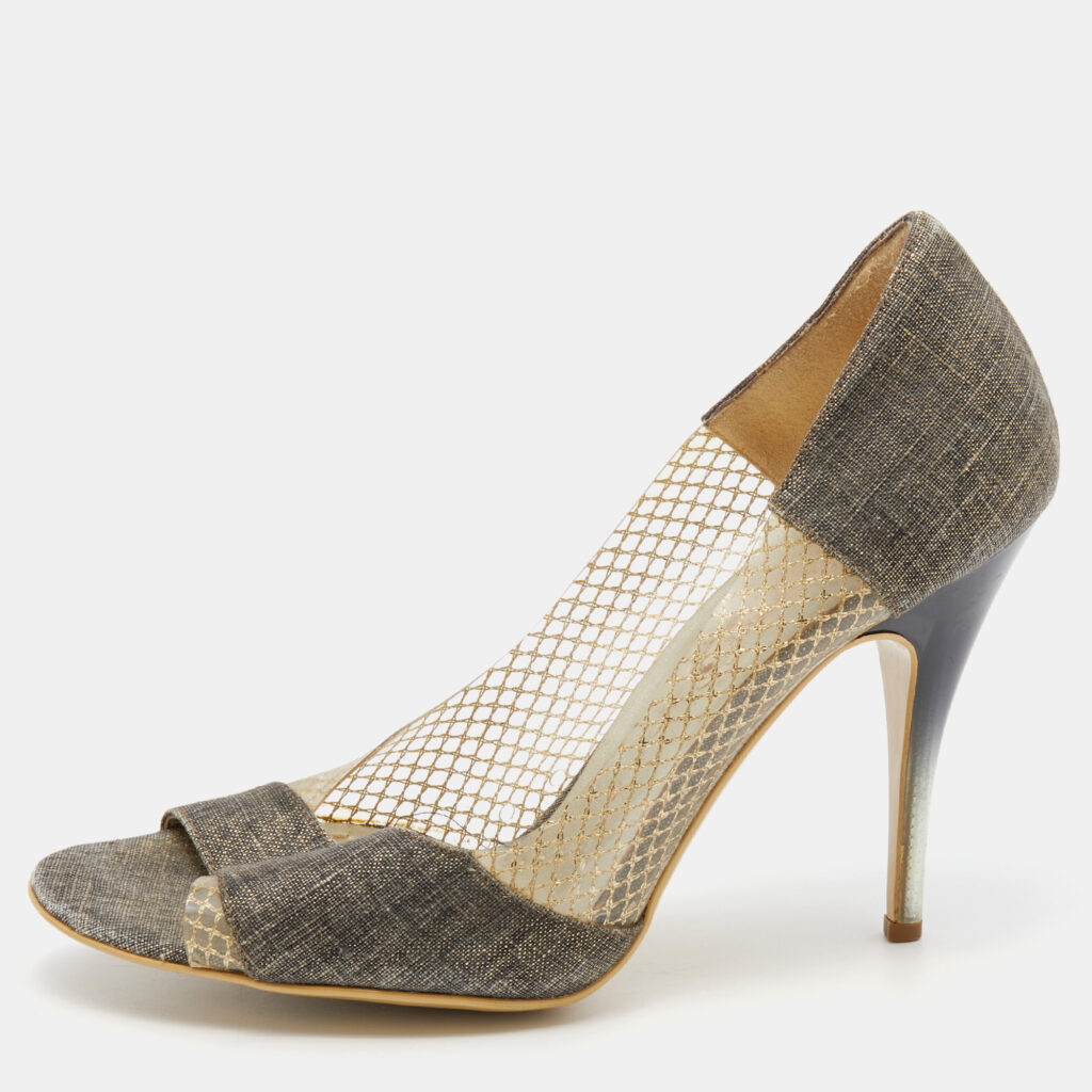 luxury-women-stella-mccartney-used-shoes-p648510-005-2 Stella McCartney Grey/Gold Canvas and PVC Peep Toe Pumps Size 36